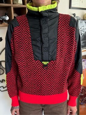 Vintage 80s Wool Blend Ski Sweater Chevron Knit Mountain Goat ~ Size Medium